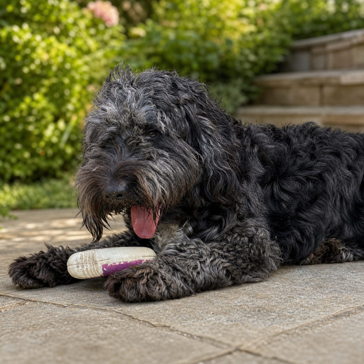 Betsy, Halzephron House's black cockapoo, resting in the garden with her toy