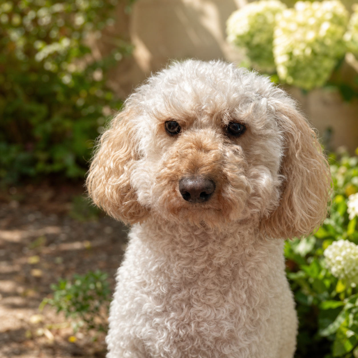 Emme, Halzephron House's cream cockapoo, sitting in the garden