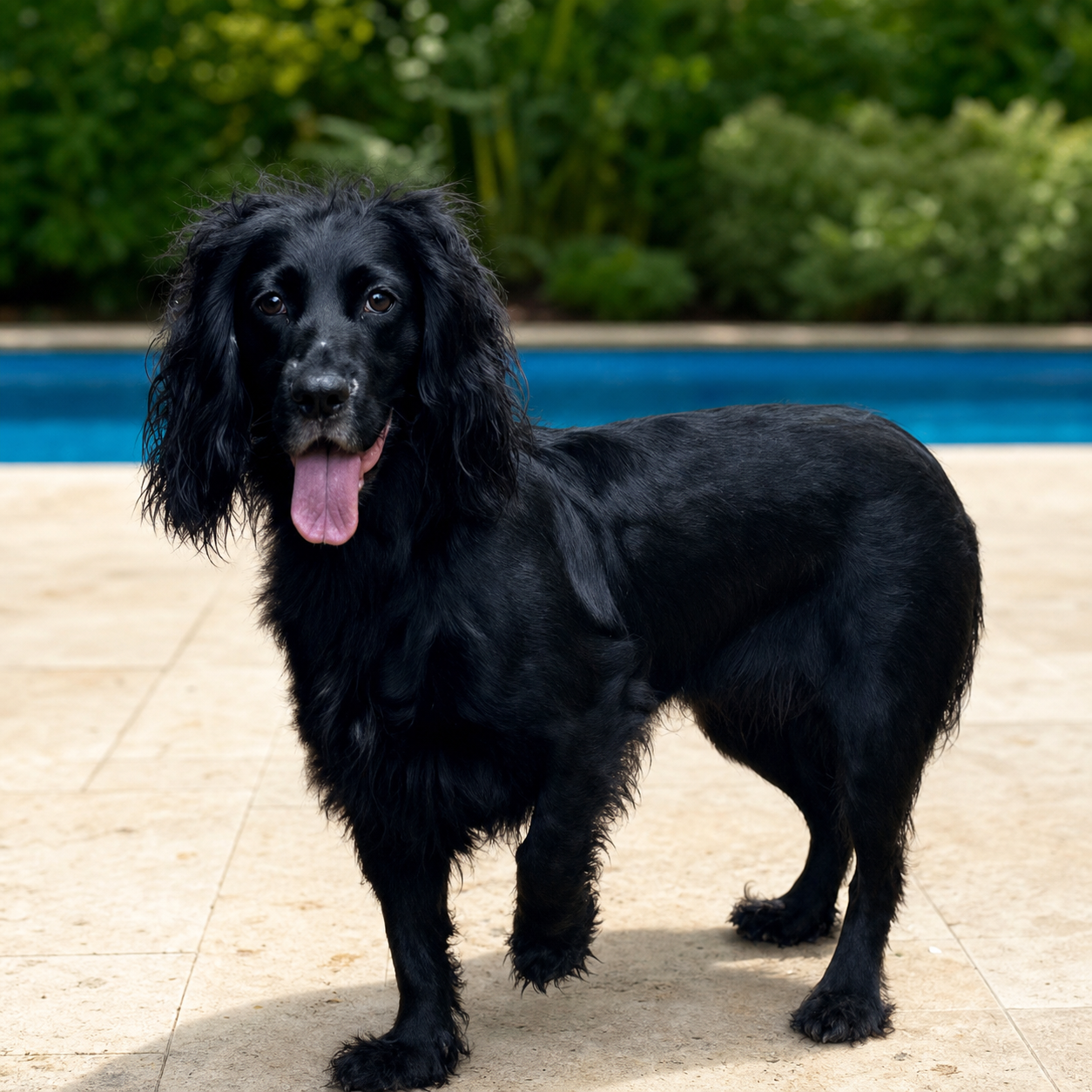 Jessie, a black working cocker spaniel, standing beside Halzephron House's pool