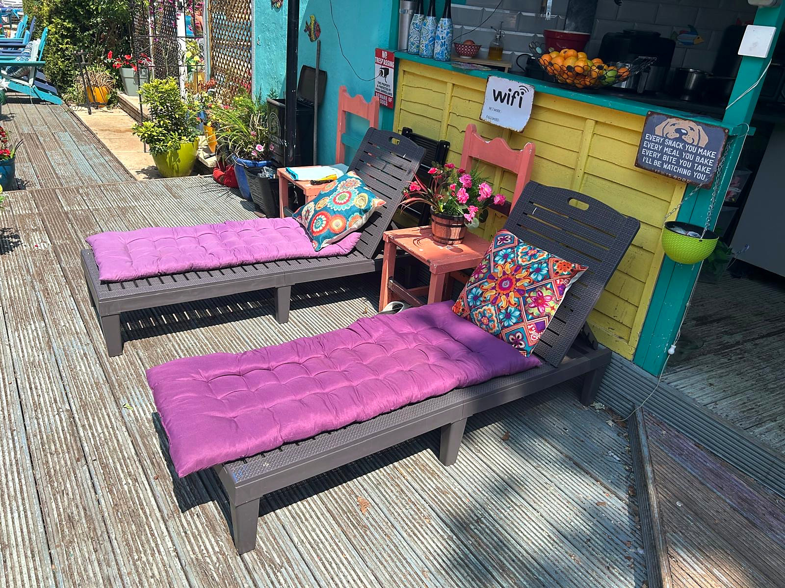 Colourful cushioned sun loungers beside Halzephron House's outdoor kitchen
