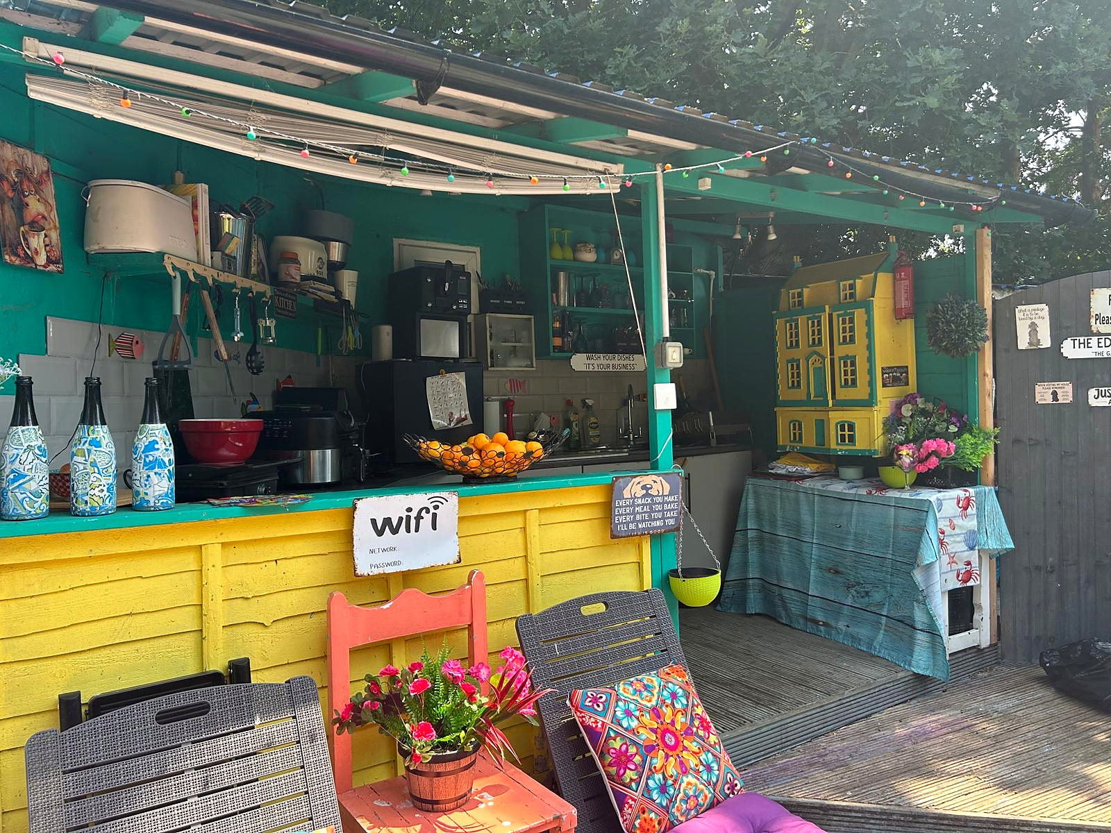 Halzephron House's colourful covered outdoor guest kitchen
