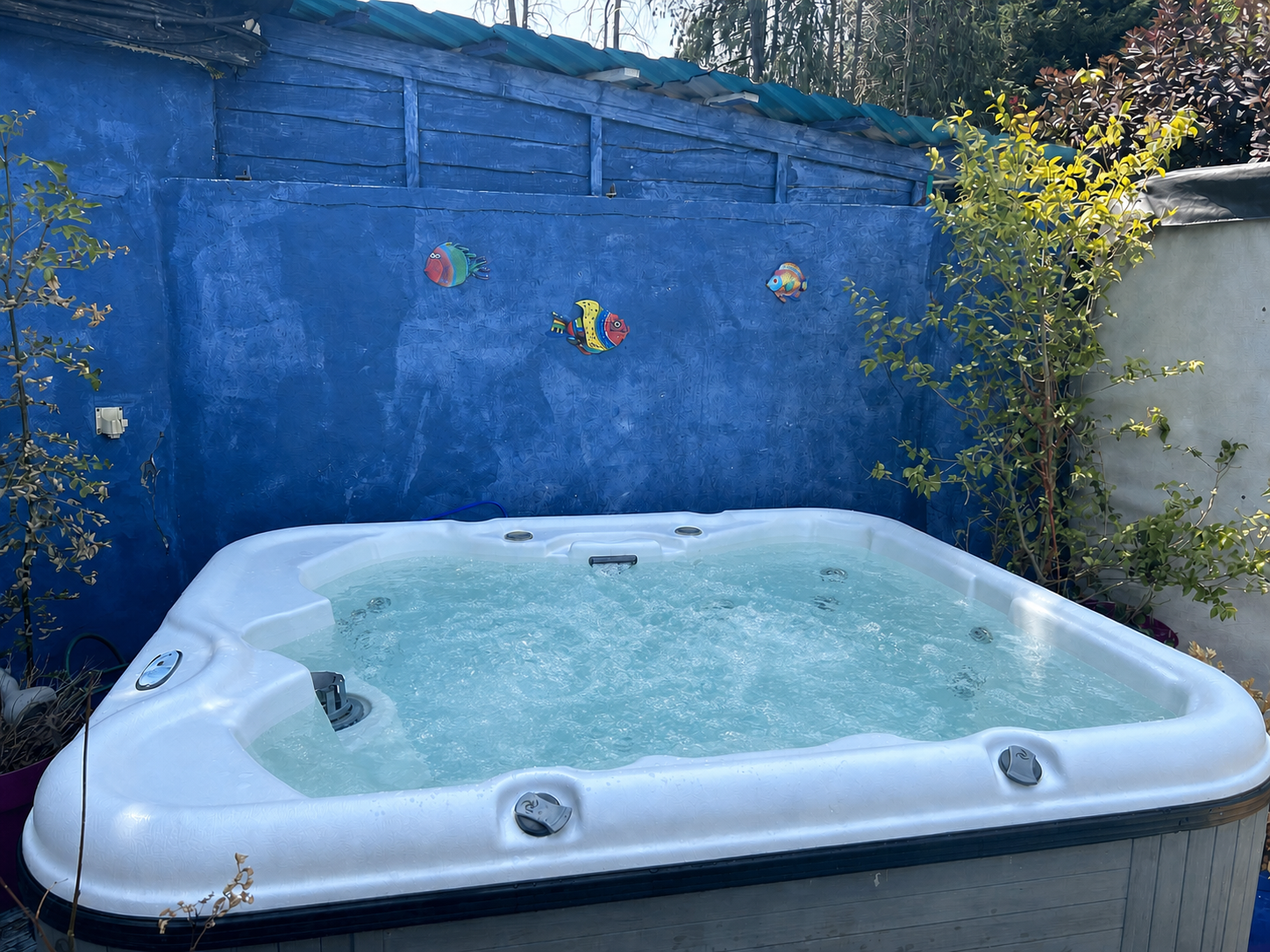 Halzephron House's outdoor hot tub filled and bubbling against a bright blue garden wall